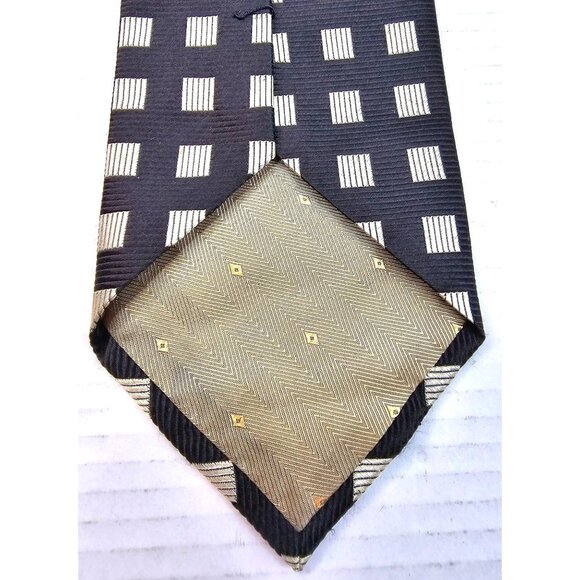 Vtg Valerio Garati Handmade Pure Silk Black & Gold Square Pattern Mens Neck Tie - Picture 5 of 5